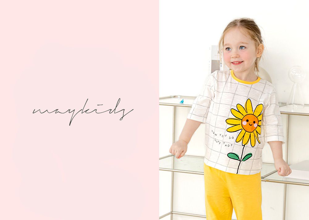 韓國 Maykids - 無螢光棉細柔七分袖家居服-格子太陽花