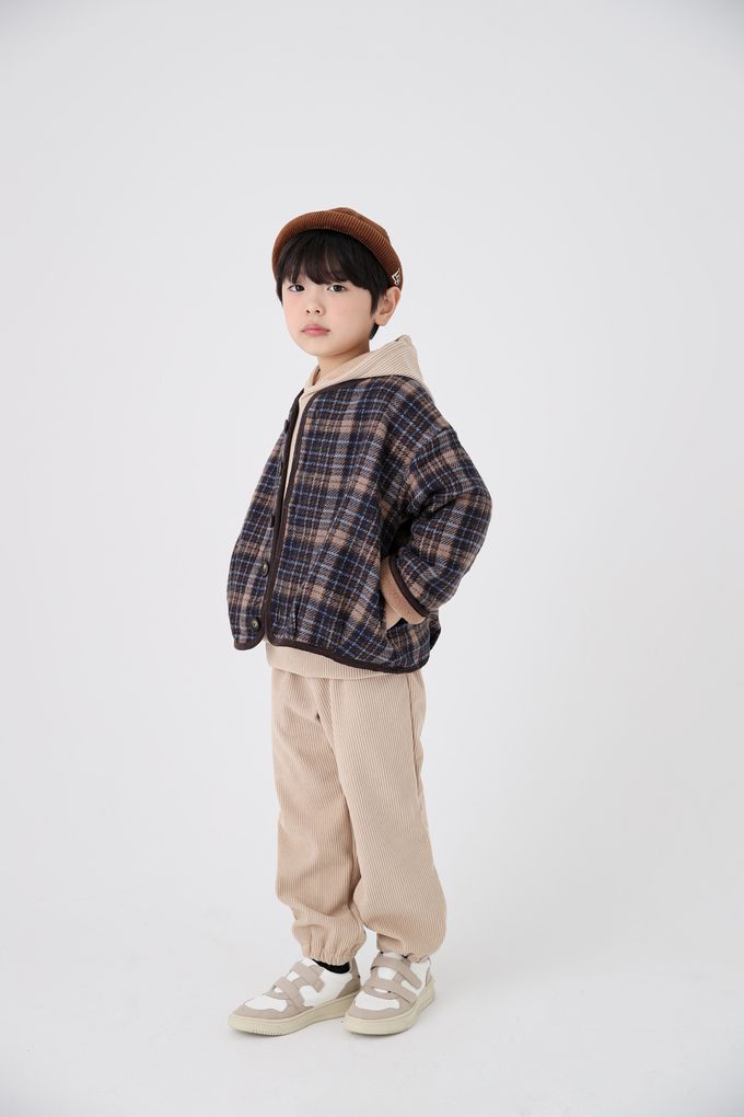 韓國 Coco Bang - 格紋毛呢感無領鈕扣外套-棕X深藍