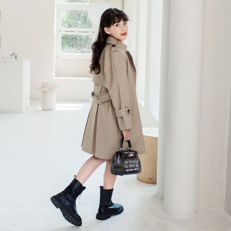 英倫風氣質長版風衣外套-杏色