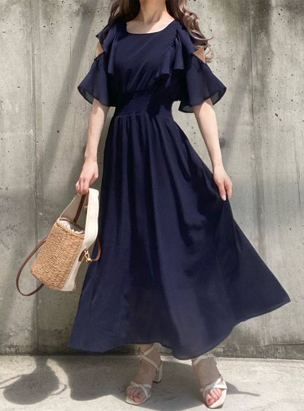 日本 GRL - 優雅剪裁收腰雪紡洋裝-深藍