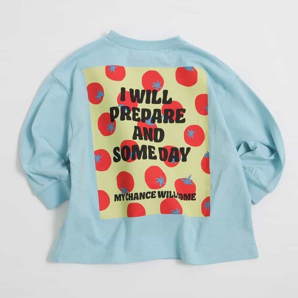 背後搶眼印花長袖上衣-番茄-水藍