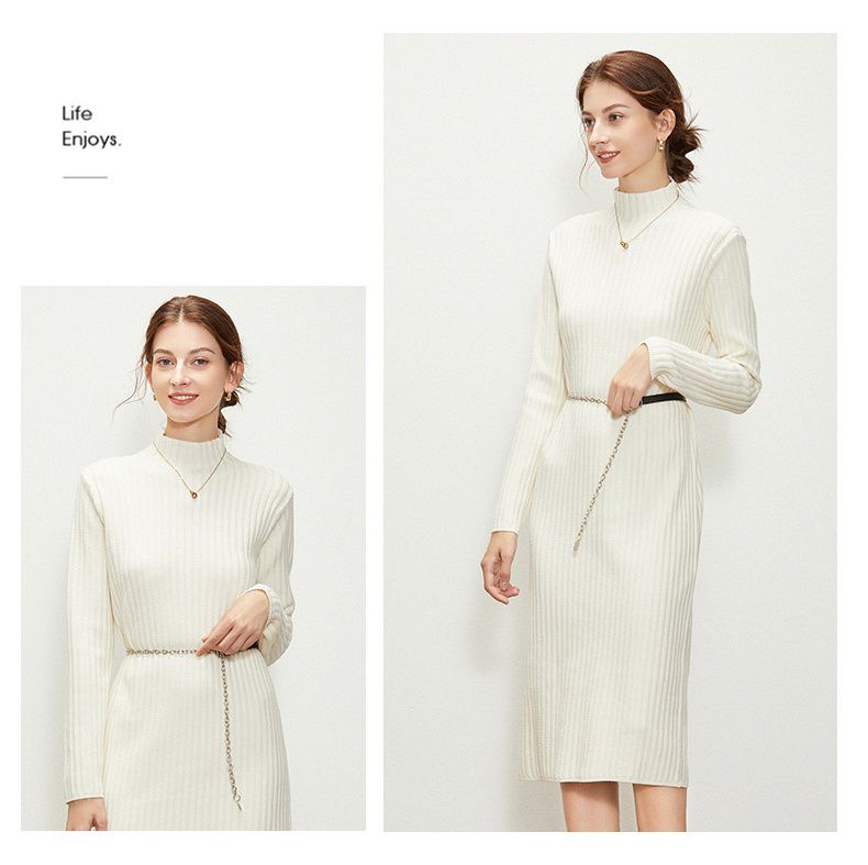 金屬腰帶針織長袖連身裙-黑色