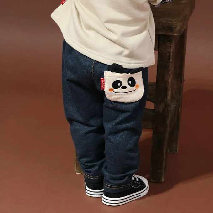 日本 ZOOLAND - 熊熊救援隊 警車標籤舒適牛仔長褲-熊貓口袋-海軍藍