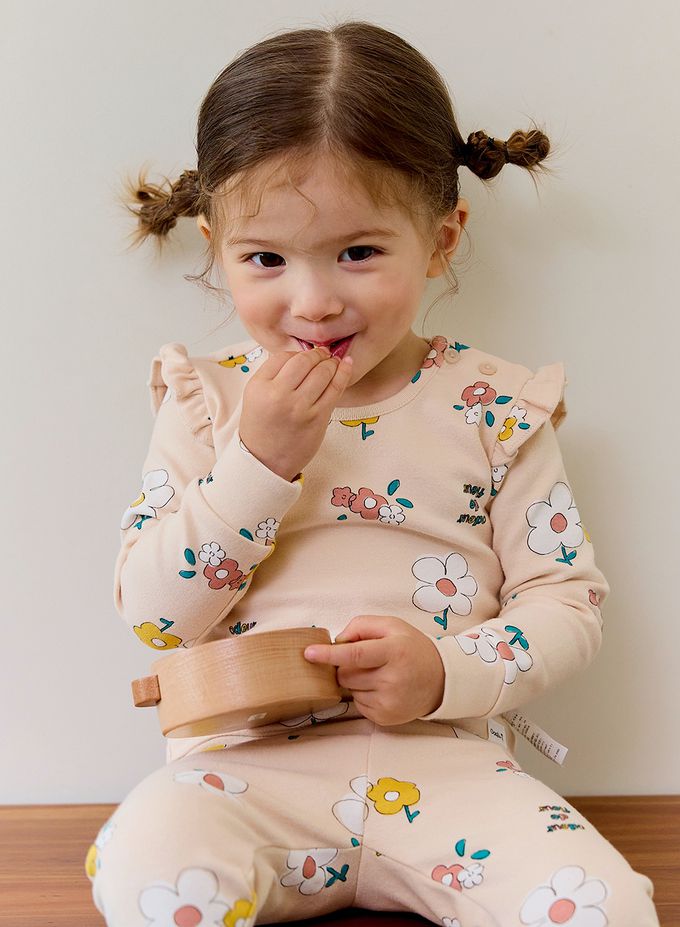 韓國 Cordi-i - 桃皮絨長袖家居服-小花花園-杏膚