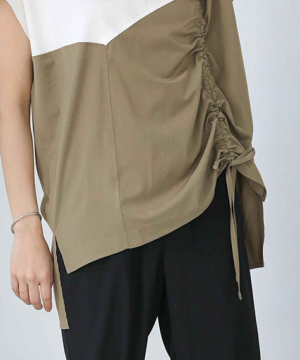 日本 Bab - 撞色拼接抽繩法式袖上衣-白