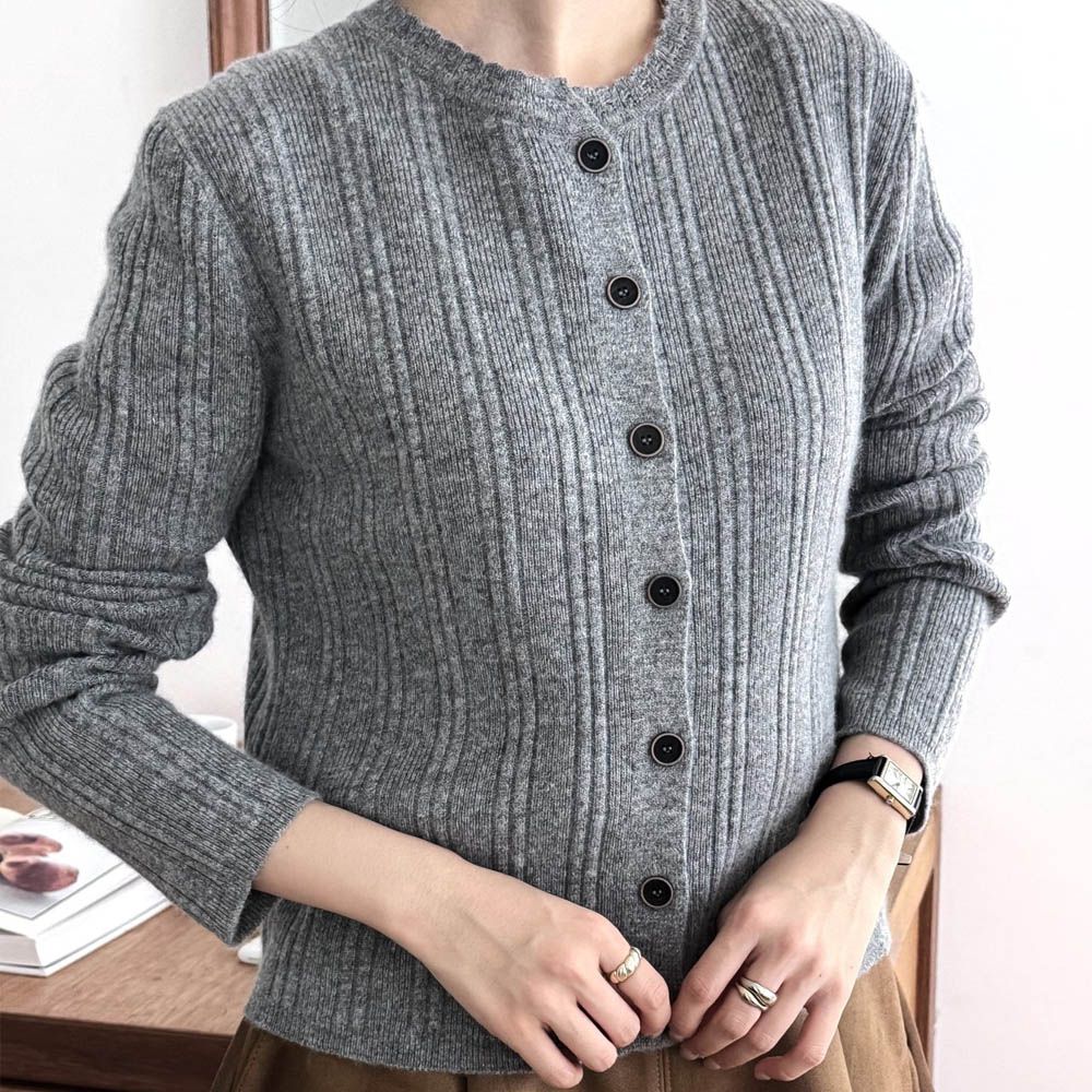 細緻喀什米爾羊毛羅紋長袖針織上衣/外套-深灰 (FREE)