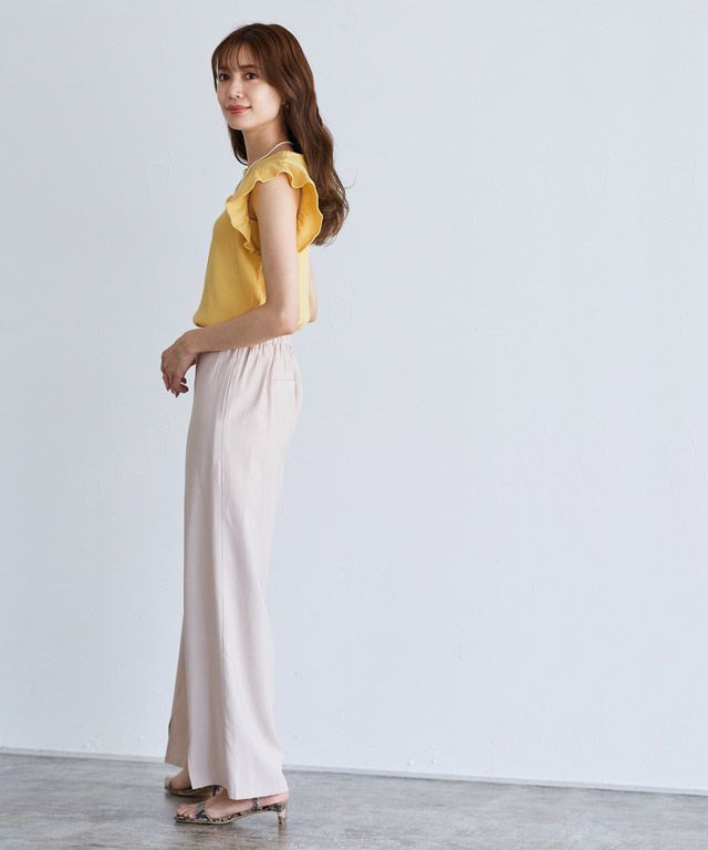 日本 Pierrot - 棉混柔美圓領荷葉袖上衣-珊瑚橘