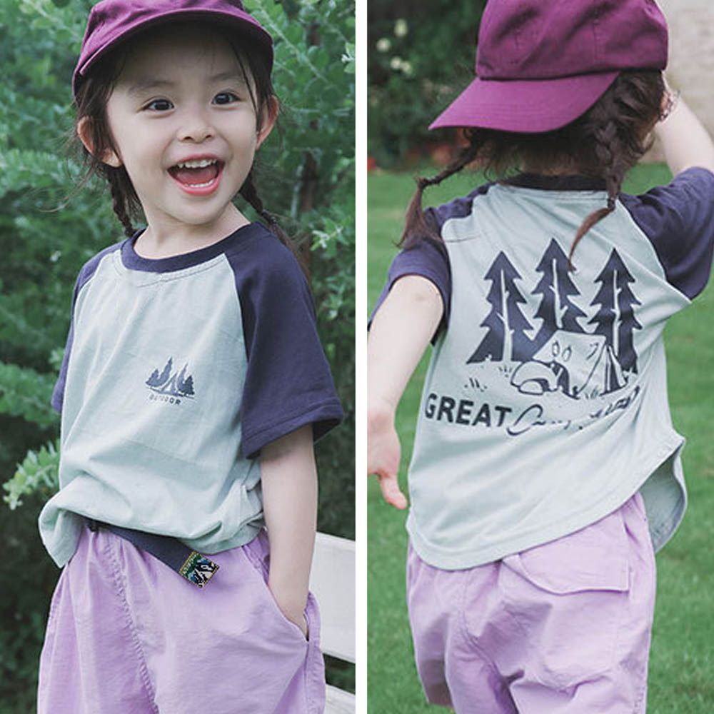 棉質圓領短袖上衣-山中露營-拼袖綠