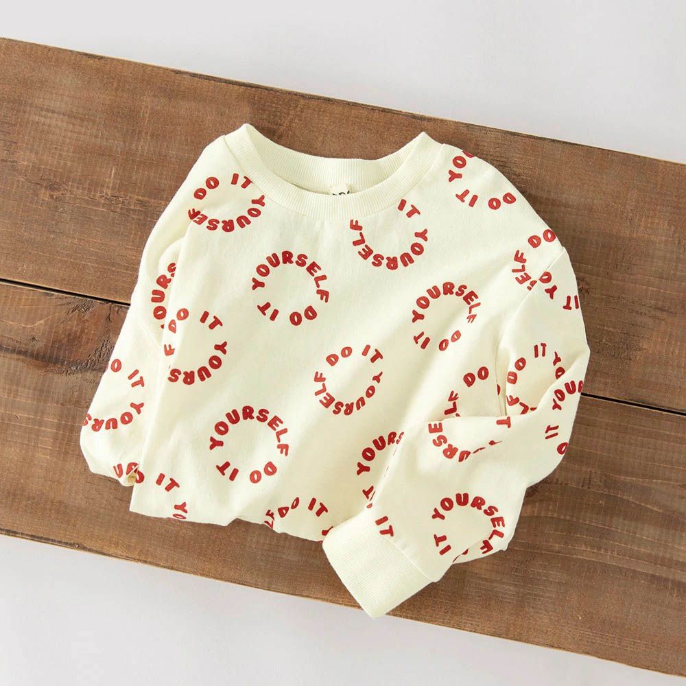 100%棉 百搭印花縮口長袖上衣-圈圈文字-象牙白