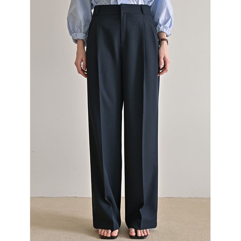 Domingoblue 後鬆緊腰雙鉤釦抓褶寬鬆西裝褲-暗藍