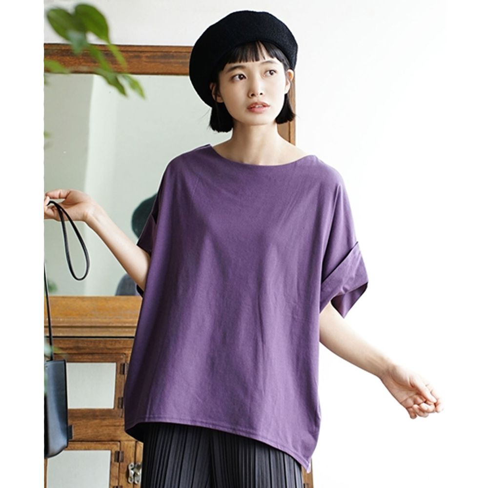 日本 zootie - Design+ 顯瘦立體感剪裁落肩五分袖上衣-深紫