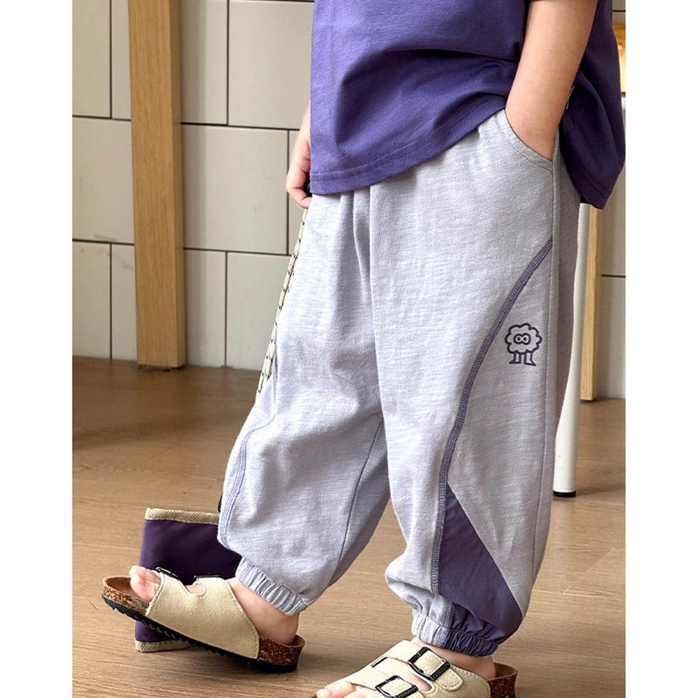 純棉輕薄透氣拼色防蚊褲-小毛球怪獸-淺灰