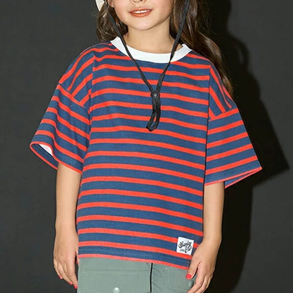 柔軟不易皺條紋落肩短袖上衣-紅x深藍