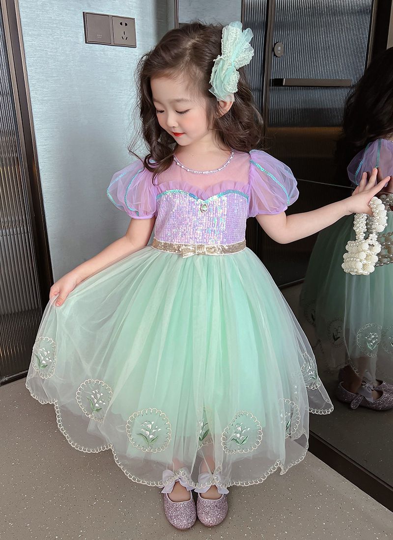 公主風亮晶晶短袖連身裙-美人魚配色-果綠+紫