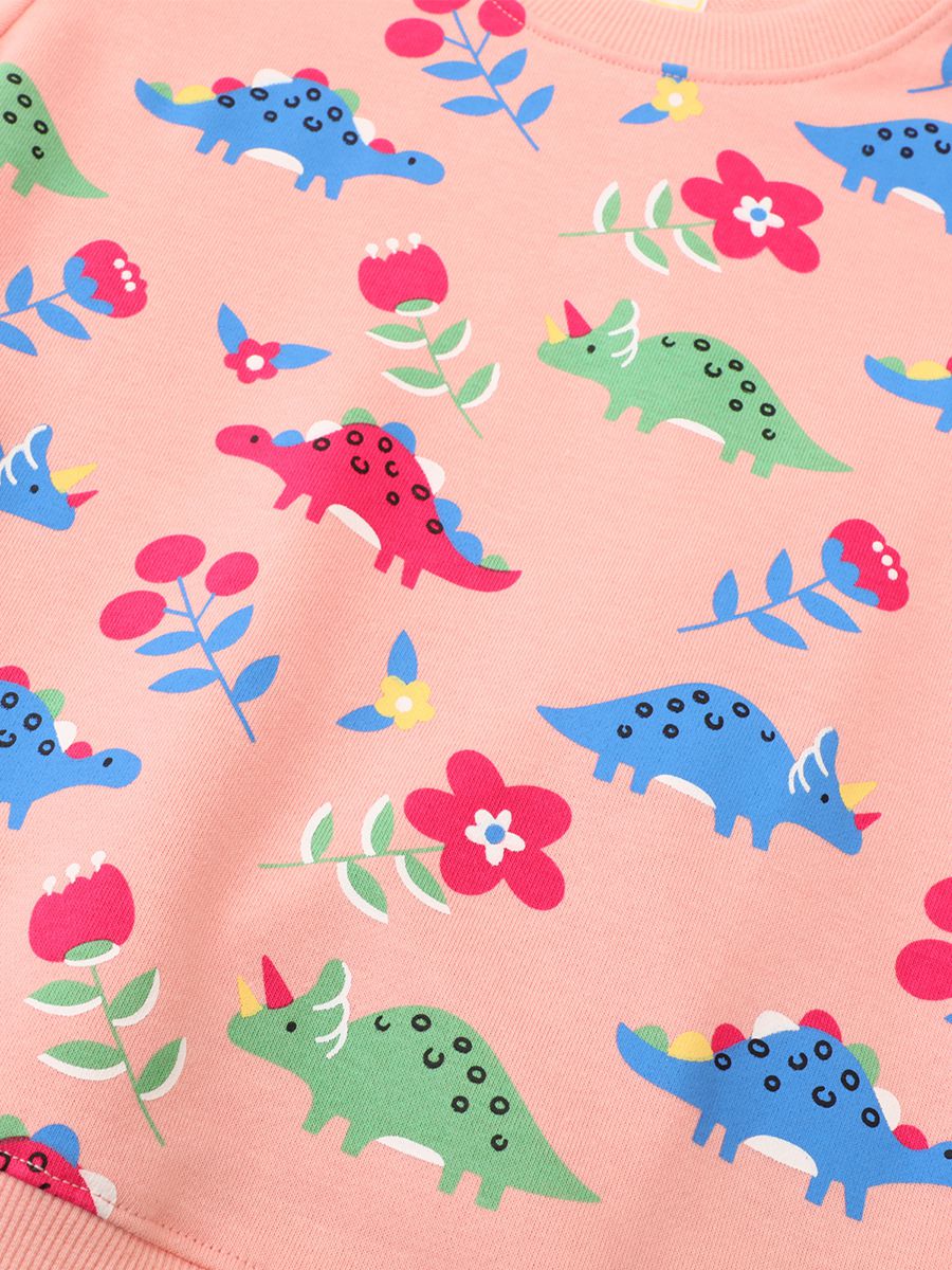 Jumping meters - 棉質圓領長袖上衣/大學T-花花恐龍-粉色