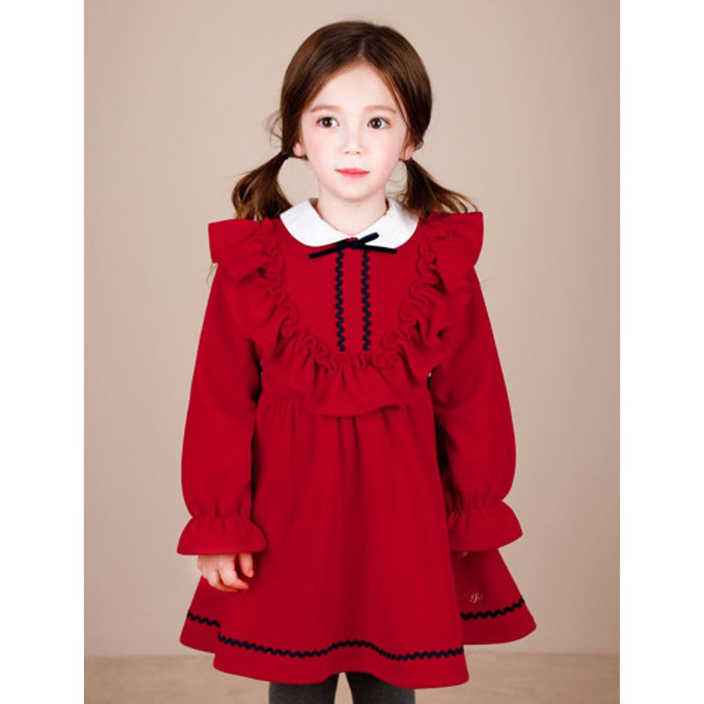韓國 Jelispoon - (內刷毛)聖誕紅荷葉領洋裝