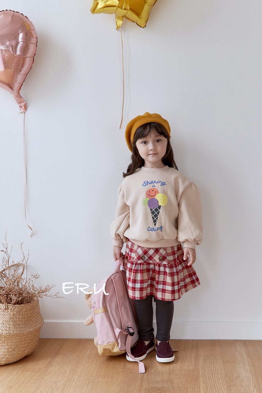 韓國 ERU - 裝飾鈕釦格紋褲裙-紅