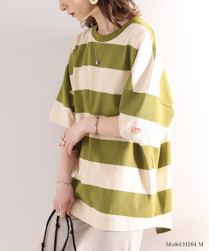 日本 Classical Elf - Java 純棉寬條紋落肩五分袖上衣-白x灰