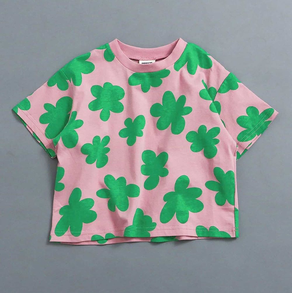 100%棉 活潑滿版短袖上衣-花朵-粉紅x綠