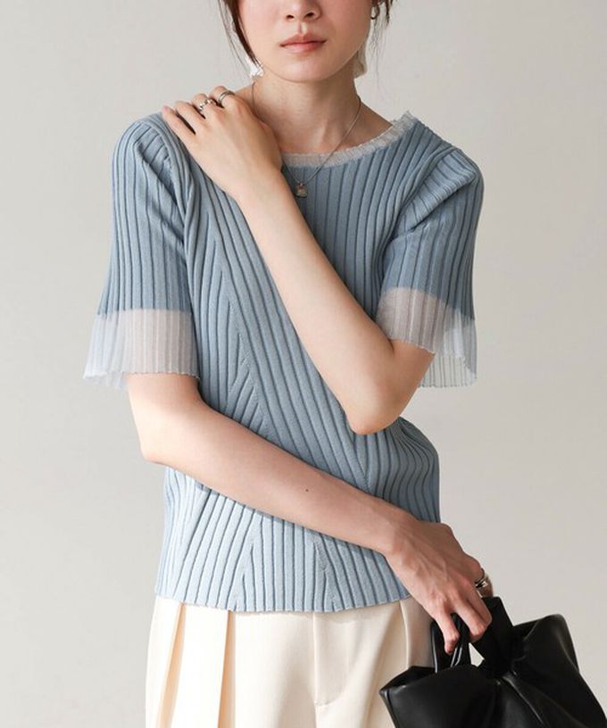 日本 Bab - 柔美異材質顯瘦羅紋五分袖上衣-炭灰
