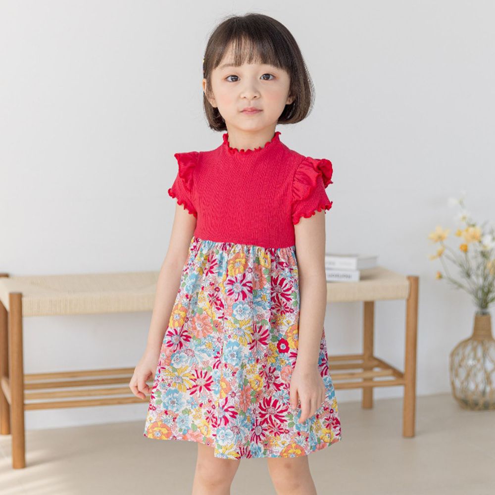 韓國 Orange Mom - 雙層荷葉袖花朵拼接洋裝-紅