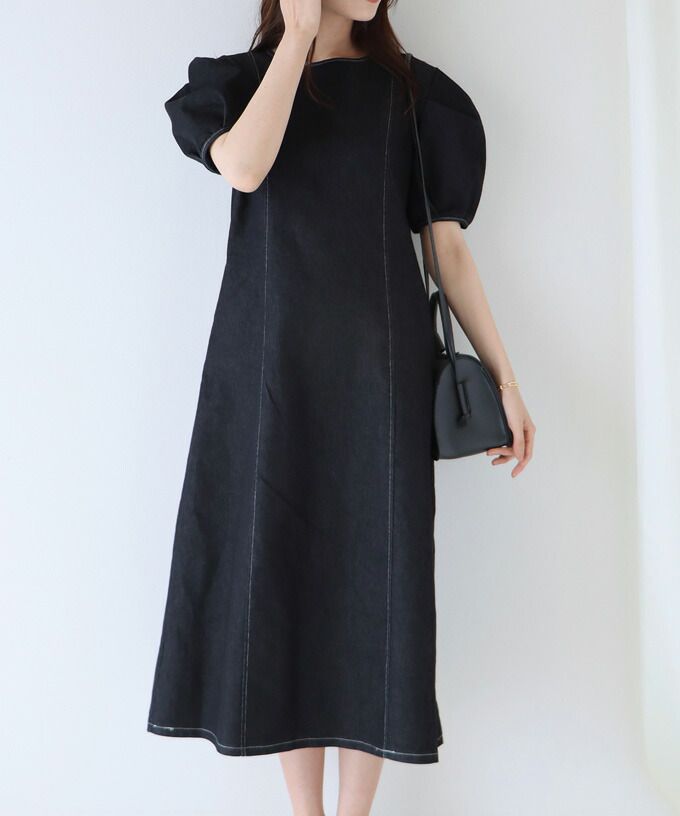 日本 BLUE EAST - 丹寧風顯瘦剪裁泡泡短袖洋裝-白