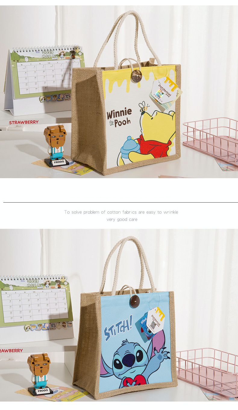 卡通大容量棉麻手提袋/便當袋-卡通人物史迪奇 (24x24x15cm)