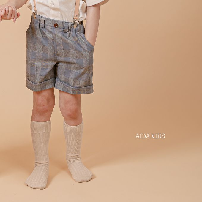 韓國 AIDA - 鬆緊腰紳士格紋反摺短褲-灰紫