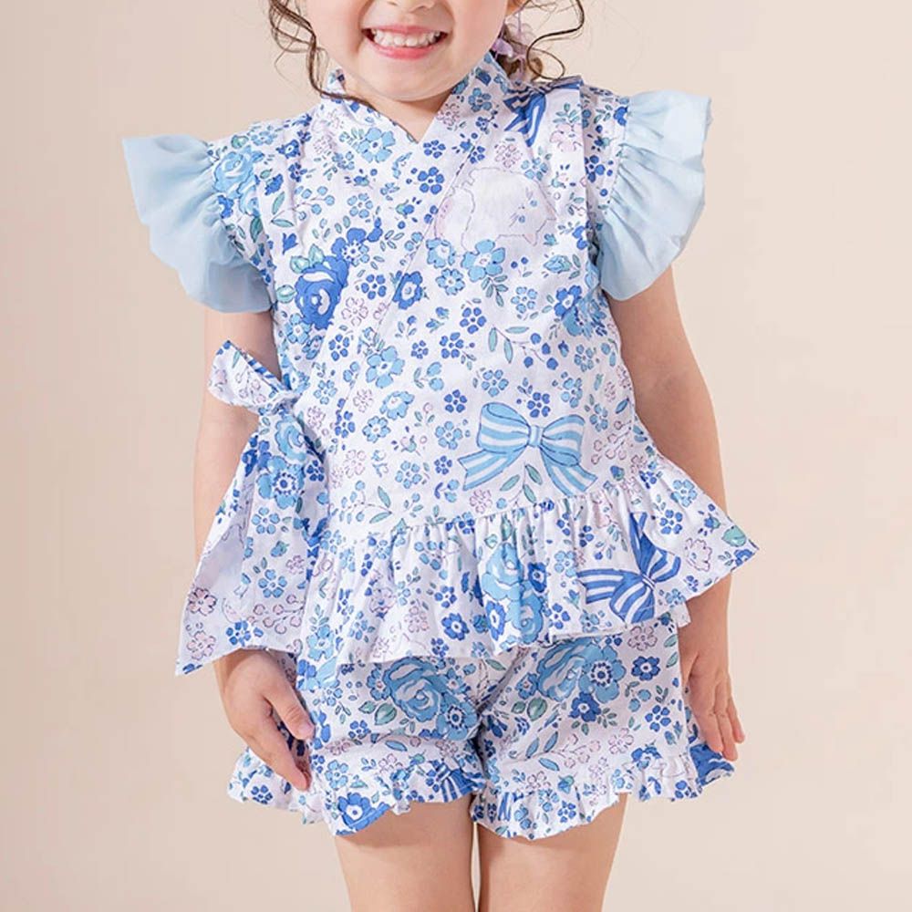 甜美澎澎荷葉純棉二件式甚平-小花與貓-藍白