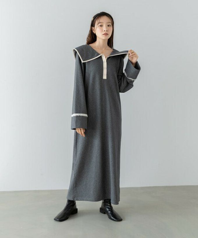 日本 Bab - 滾邊個性大翻領休閒長袖洋裝-咖啡