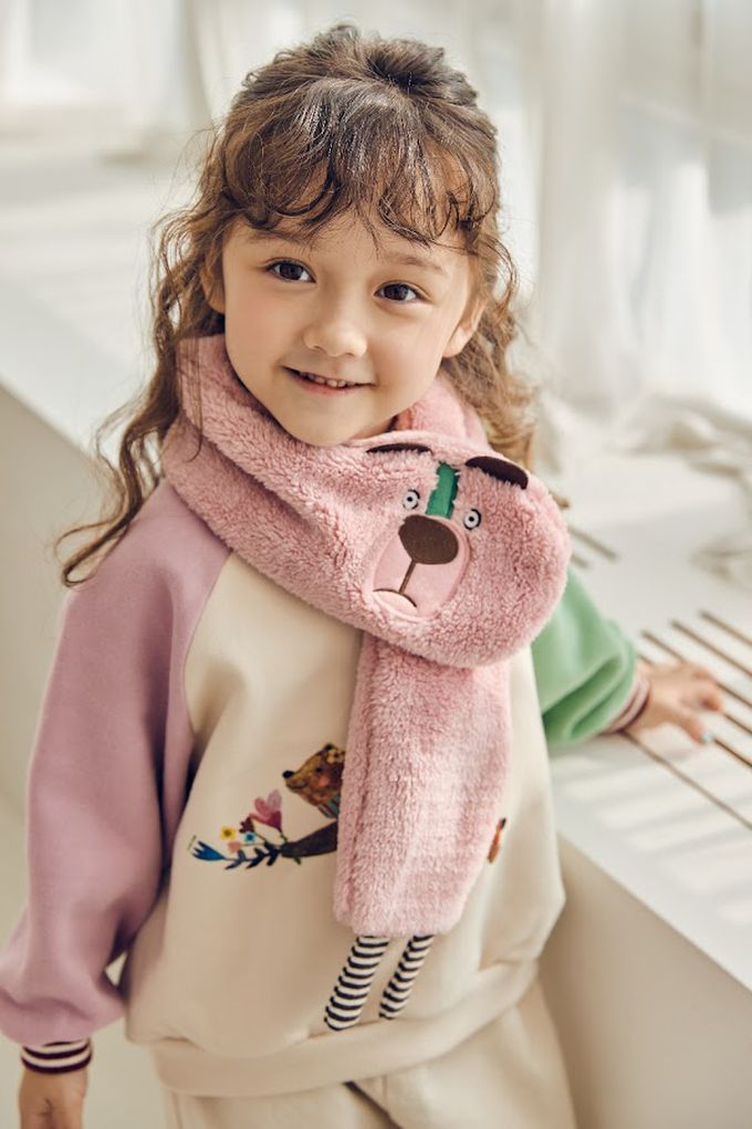 韓國 Mimico - 熊熊刺繡毛絨圍巾-粉 (Free)