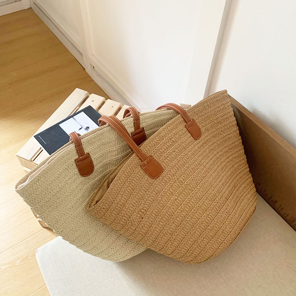 大容量草編沙灘包/度假編織水桶包/托特包/媽媽包