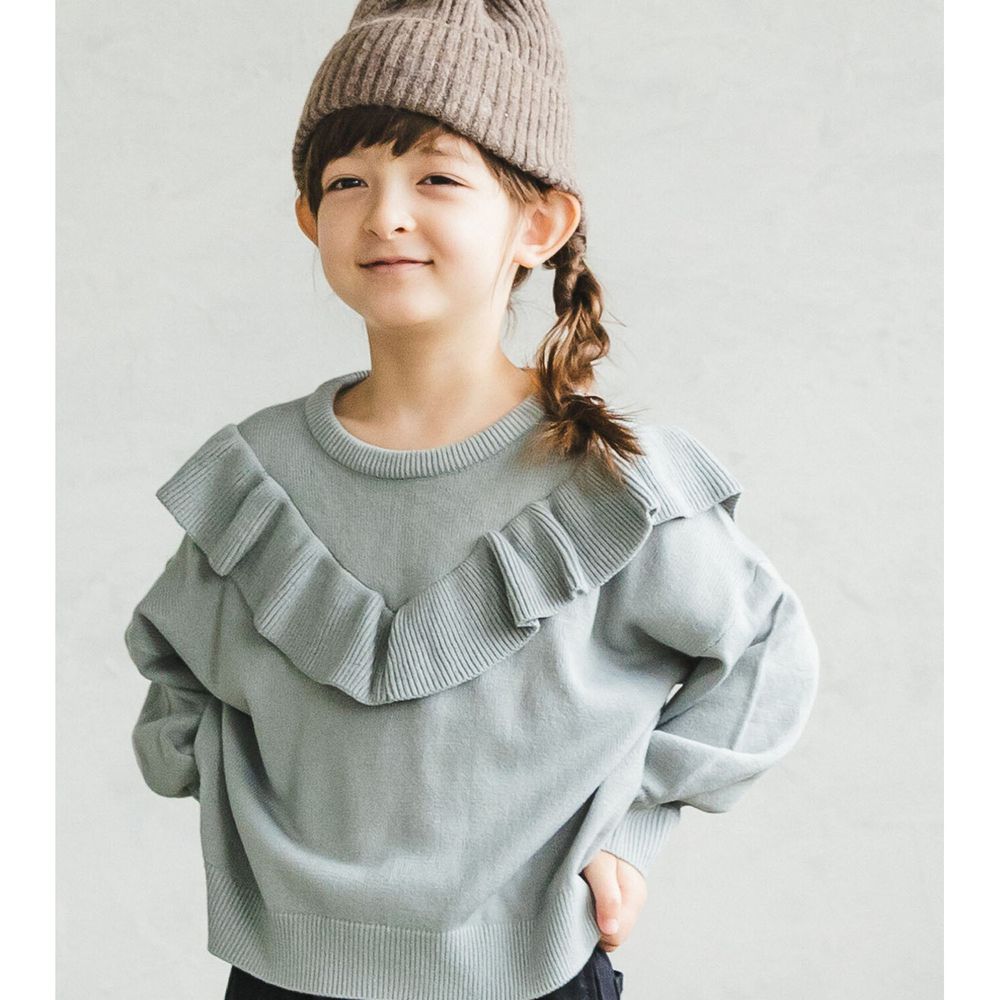 日本 PAIRMANON - V字荷葉造型針織上衣(孩子)-灰藍