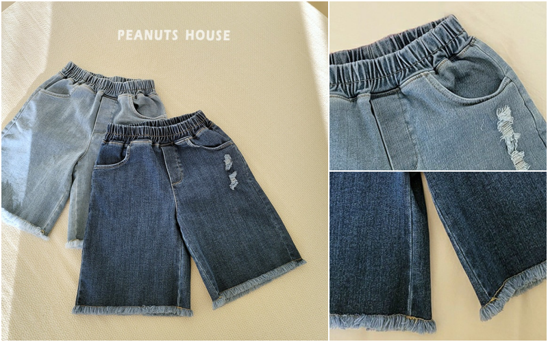 韓國 Peanuts House - 鬆緊腰刷破抓鬚寬版5分牛仔褲-深藍