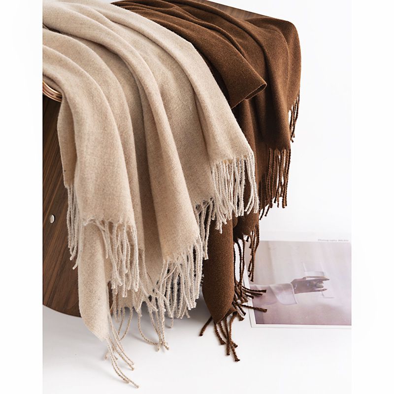 馬卡龍素色仿羊絨流蘇暖暖圍巾-奶咖啡色 (200x65cm)