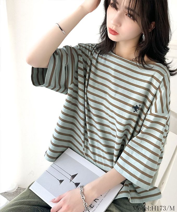 日本 Classical Elf - 混有機棉休閒條紋五分袖上衣-海軍藍x白線