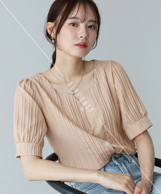 日本 BLUE EAST - 韓國製 心型領細緻泡泡短袖襯衫-煙燻藍