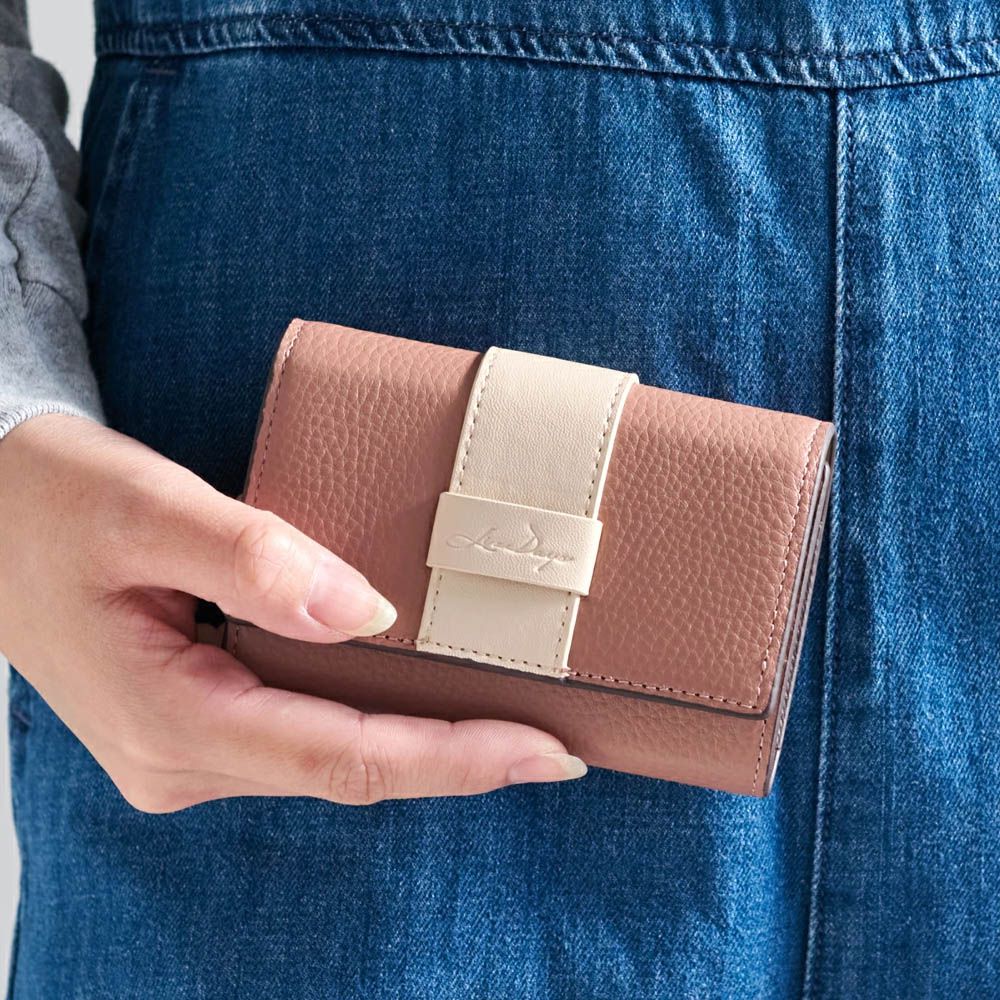 真皮迷你三折配色風琴短夾-煙燻粉x淺杏