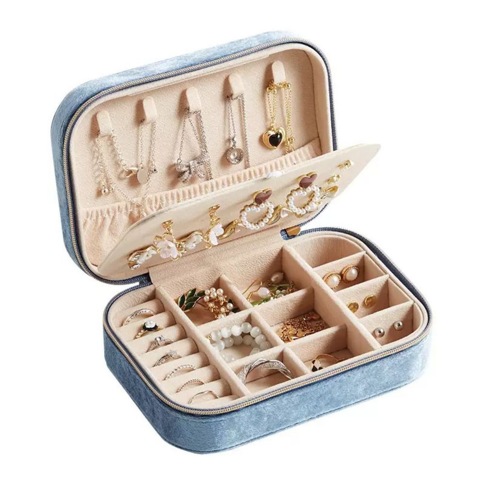 氣質簡約絲絨首飾拉鍊收納盒-不含陳列首飾-霧霾藍色