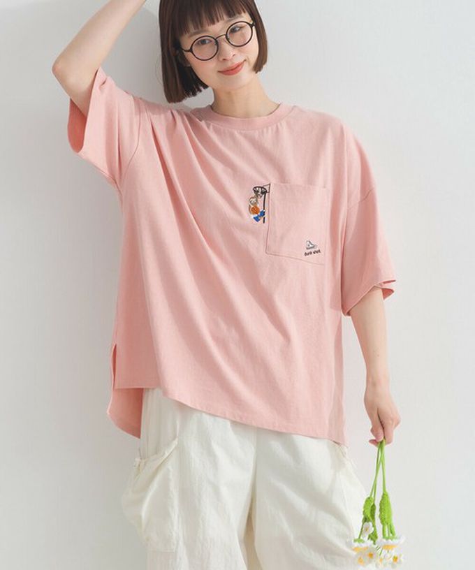 日本 Lupilien - 16支天竺棉俏皮動物刺繡寬大口袋T恤-海軍藍