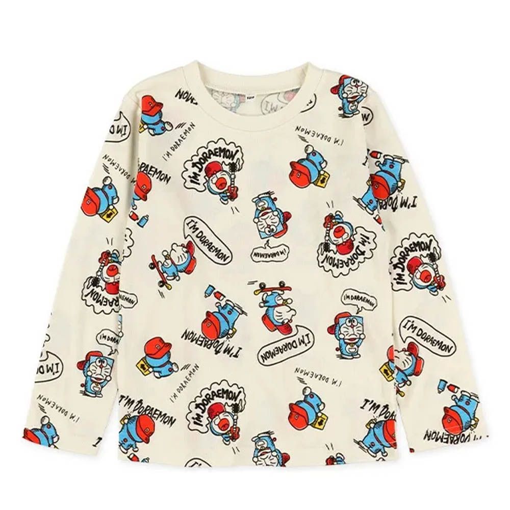 限量聯名 印花長袖上衣-卡通人物哆啦A夢-白