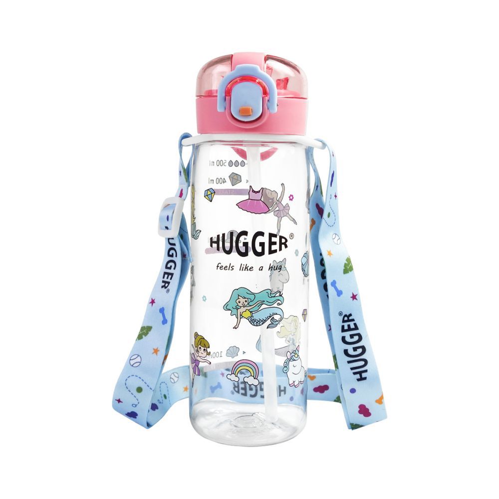 HUGGER - 彈蓋吸管水壺500ml (夢幻小公主) 背帶組-透明大容量Tritan兒童激勵隨身水瓶