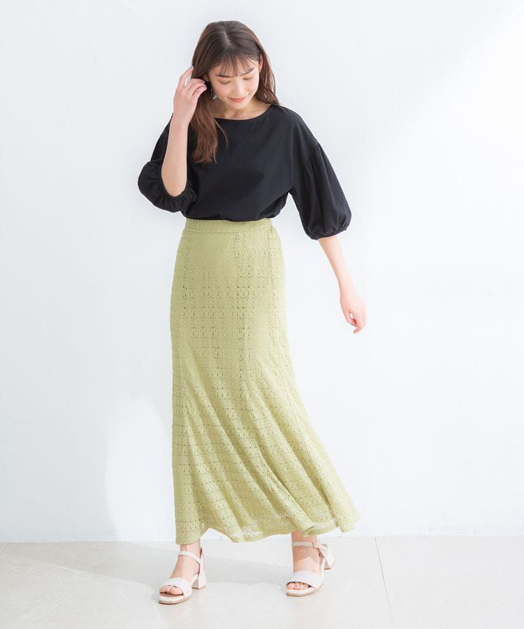 日本 Honeys - 蕾絲雕花魚尾長裙-米