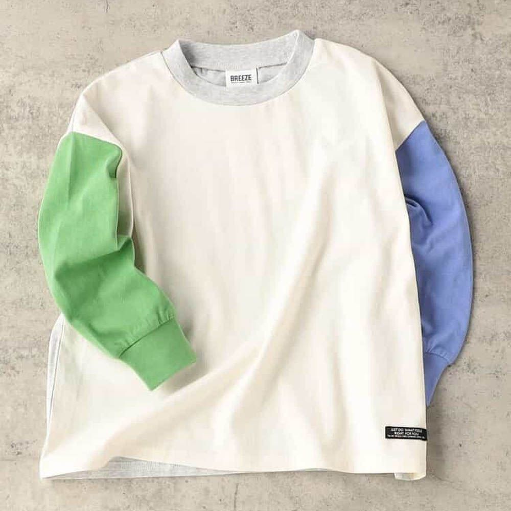 100%棉 定番款搭縮口長袖上衣-撞色-白X綠X藍