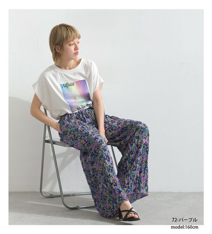 日本 le colis - 華麗藝文花卉飄逸感皺褶寬褲-黑藍系