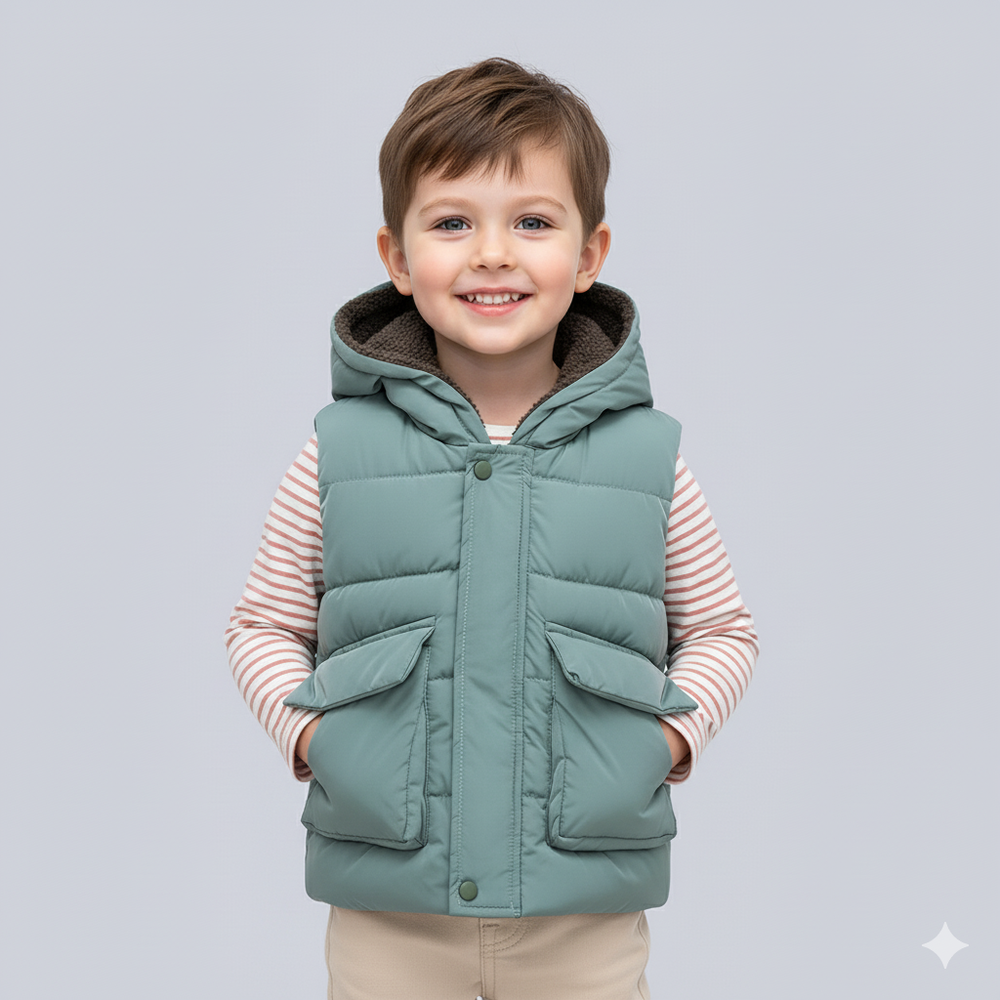 加絨造型暖暖連帽背心-熊熊耳朵-灰綠色