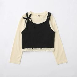 日本 BRANSHES - 個性女孩假二件造型長袖上衣-白x黑