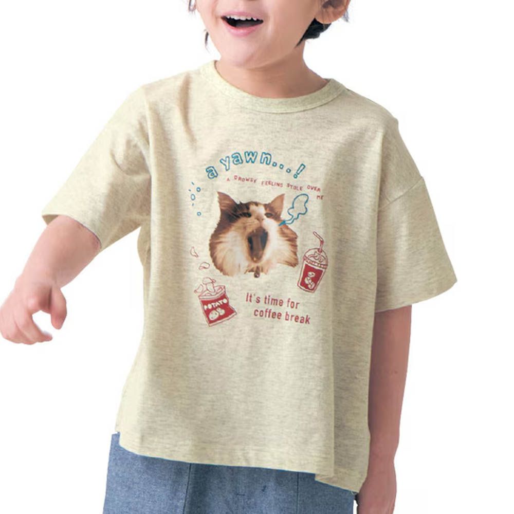 純棉薄涼動物印花短袖上衣-休息貓貓-燕麥