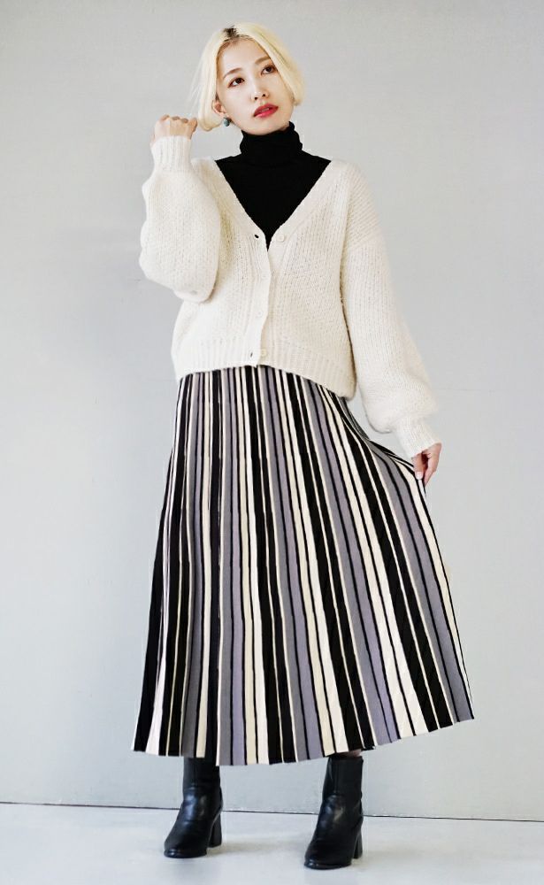 日本 zootie - 印象派彩色條紋針織長裙-綠黑系-M