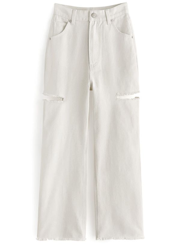 日本 GRL - 純棉厚磅美式抓破長褲-米白